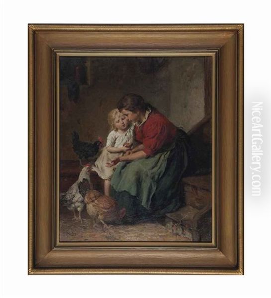 Mother And Child With Three Roosters Oil Painting by Felix Schlesinger