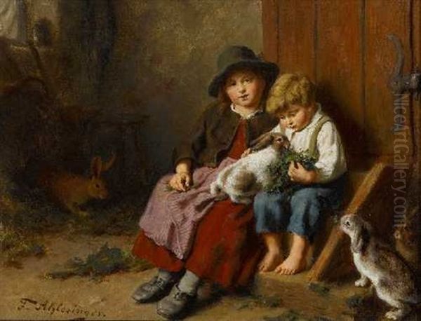 Zwei Kinder Beim Futtern Von Hasen Im Stall Oil Painting by Felix Schlesinger