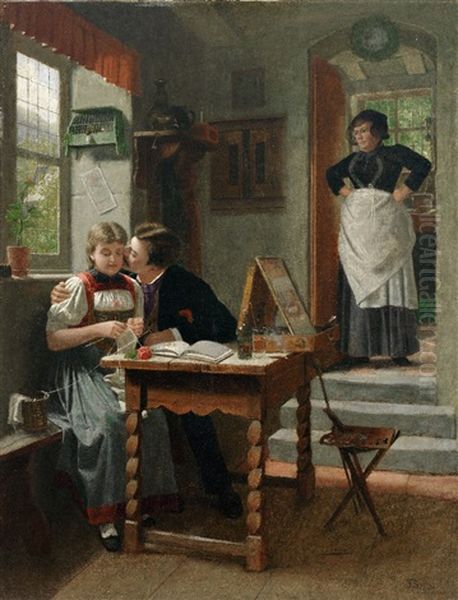 In Einer Gutburgerlichen Stube Kusst Der Maler Sein Modell Und Wird Dabei Von Der Resoluten Mutter Uberrascht Oil Painting by Felix Schlesinger