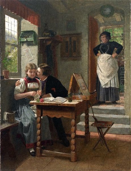 In Einer Gutburgerlichen Stube Kusst Der Maler Sein Modell Und Wird Dabei Von Der Resoluten Mutter Uberrascht Oil Painting by Felix Schlesinger