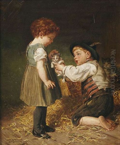 Zwei Kinder Mit Katzchen Im Stall Oil Painting by Felix Schlesinger