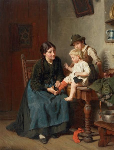 Interieur Mit Madchen Und Zwei Jungeren Geschwistern Oil Painting by Felix Schlesinger