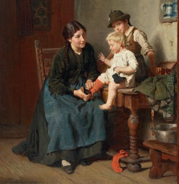 Interieur Mit Madchen Und Zwei Jungeren Geschwistern Oil Painting by Felix Schlesinger