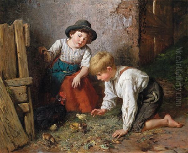 Im Huhnerstall, Zwei Knaben Mit Einem Huhn Und Seinen Kuken Oil Painting by Felix Schlesinger