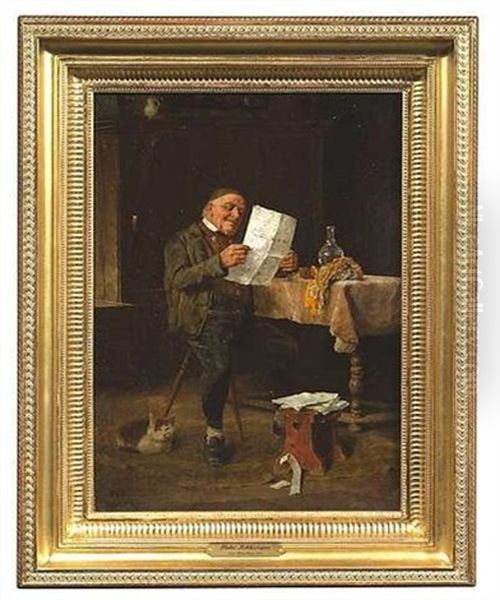 Stubeninterieur Mit Einem Mann, Der Es Sich Mit Einer Zeitung An Einem Tisch Bequem Gemacht Hat Oil Painting by Felix Schlesinger