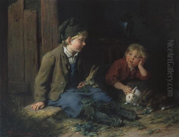 Zwei Kinder Mit Kaninchen Spielend by Felix Schlesinger