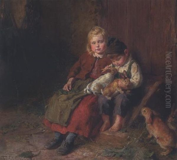 Madchen Und Kleiner Junge Im Stall Oil Painting by Felix Schlesinger