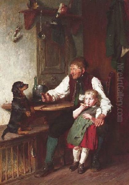 Die Hundedressur. Grosvater Mit Enkelin Und Dackel In Der Stube Oil Painting by Felix Schlesinger