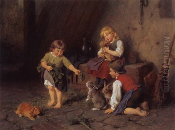 Zwei Madchen Und Ein Bub Mit Hasen Oil Painting by Felix Schlesinger