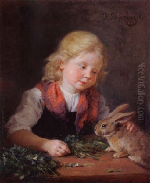 Blondes Madchen, Hasen Futternd Oil Painting by Felix Schlesinger