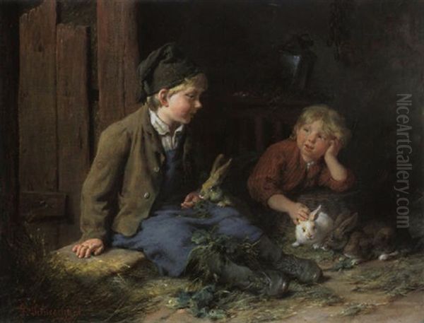 Zwei Kinder Mit Kaninchen Spielend Oil Painting by Felix Schlesinger