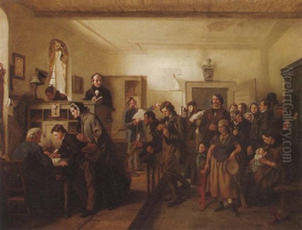 In Der Pas- Und Polizeistation Vor Der Emigration: Hans Christian Andersen Und Sein Freund Collin Unter Auswanderern Oil Painting by Felix Schlesinger