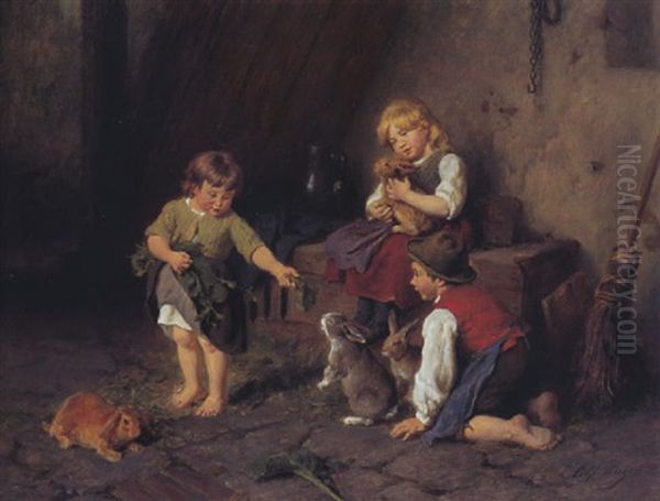 Zwei Madchen Und Ein Bub Mit Hasen Oil Painting by Felix Schlesinger