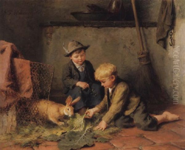 Zwei Knaben Einen Hasen Futternd Oil Painting by Felix Schlesinger