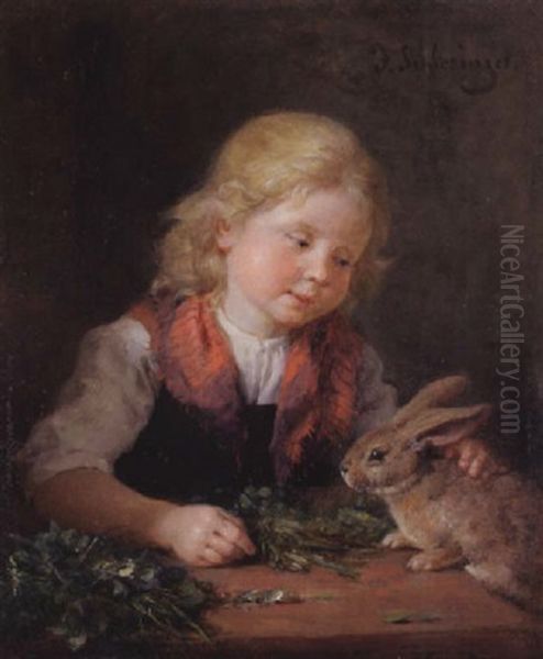 Blondes Madchen, Hasen Futternd Oil Painting by Felix Schlesinger