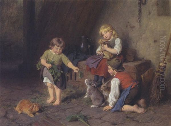 Hasenfutterung Oil Painting by Felix Schlesinger