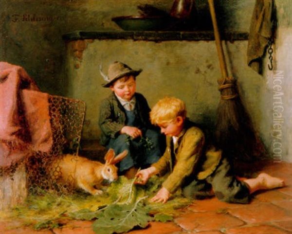 Zwei Knaben Einen Hasen Futternd Oil Painting by Felix Schlesinger