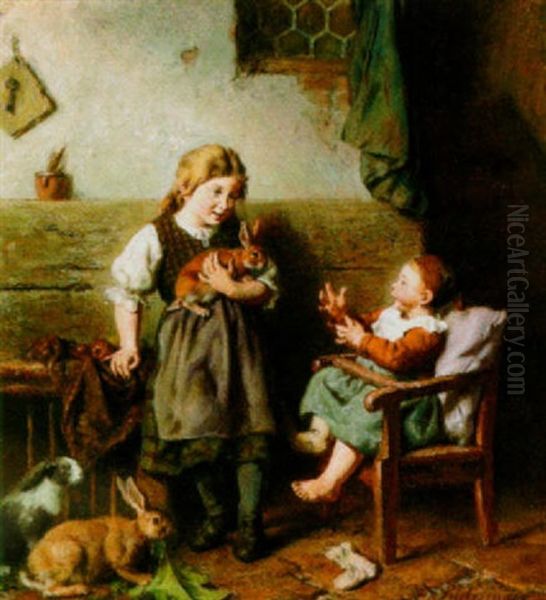 Children Playing With Little Rabbits Oil Painting by Felix Schlesinger