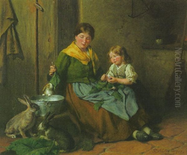 Futterung Der Hasen Oil Painting by Felix Schlesinger