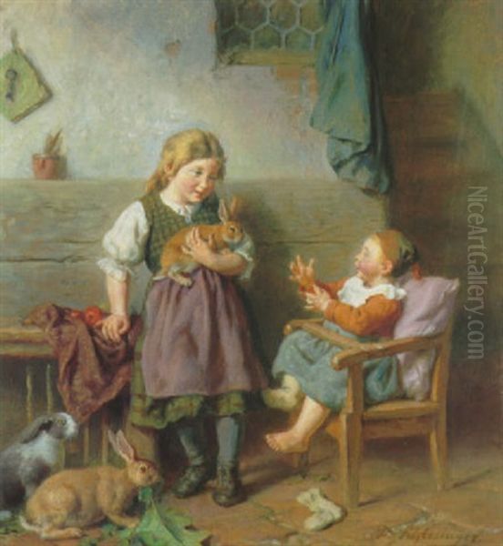 Interieur Mit Zwei Kindern Und Kaninchen Oil Painting by Felix Schlesinger