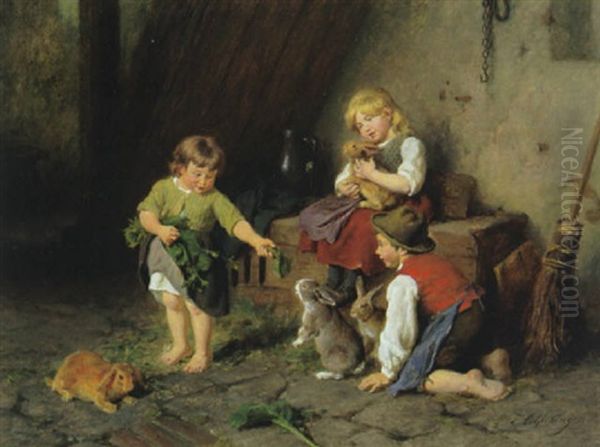 Zwei Madchen Und Ein Bub Mit Hasen by Felix Schlesinger