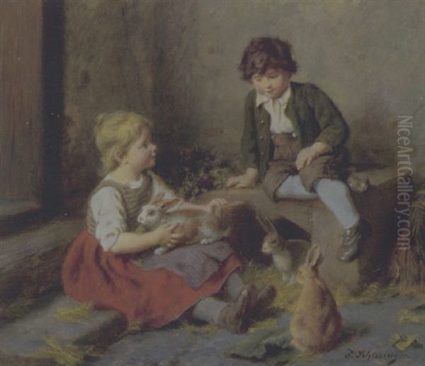 Zwei Kinder Mit Hasen Oil Painting by Felix Schlesinger