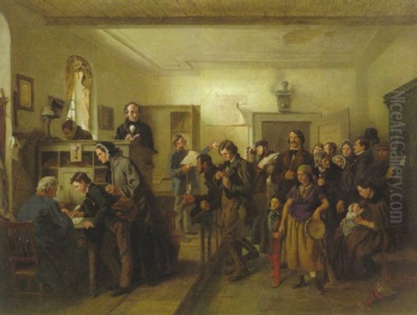 In Der Pas - Und Polizeistube Vor Der Auswanderung (hans Christian Andersen Und Edvard Collin Unter Reisenden Auf Einer Deutschen Post- Und Passtelle Oil Painting by Felix Schlesinger