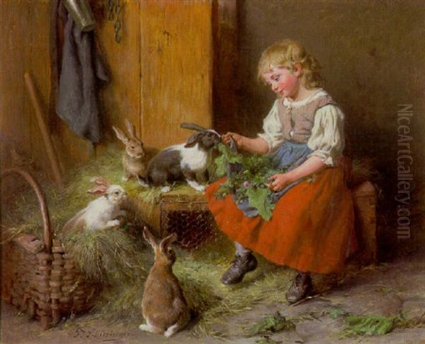 Kleines Madchen Beim Futtern Von Vier Kaninchen Im Stall Oil Painting by Felix Schlesinger