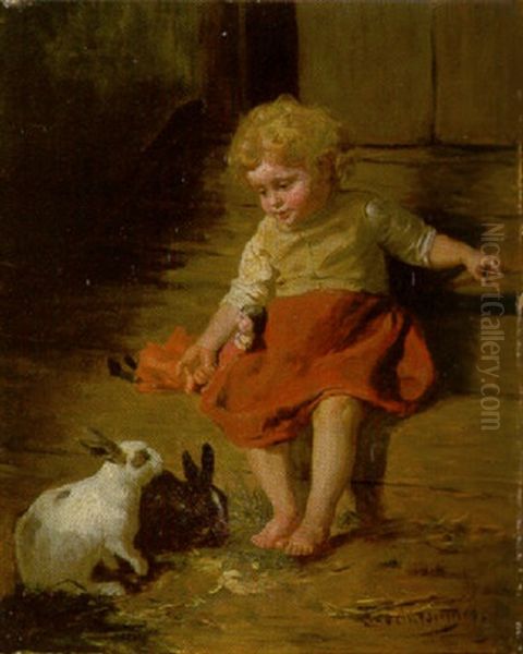 Kleines Madchen Mit Puppe Bei Zwei Kaninchen Oil Painting by Felix Schlesinger