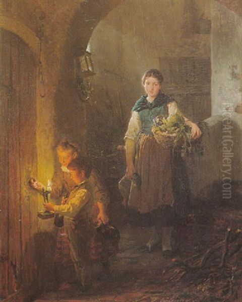 Kuchenmagd Mit Kindern Im Vorratskeller Oil Painting by Felix Schlesinger