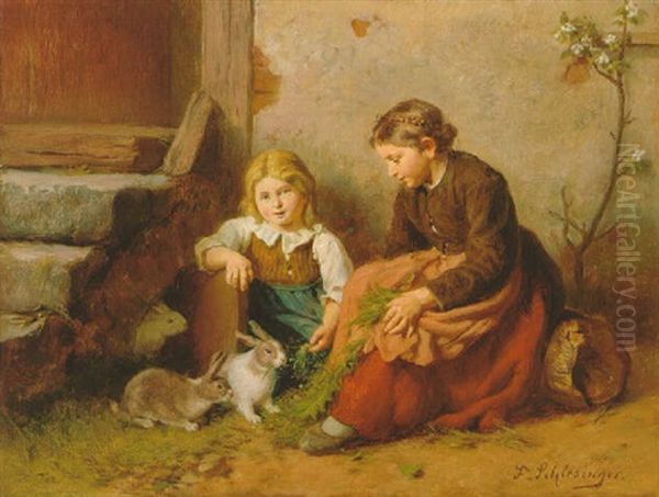 Zwei Madchen Mit Kaninchen Oil Painting by Felix Schlesinger