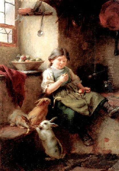 Kucheninterieur Mit Einem Kleinen Madchen Und Drei Kaninchen Oil Painting by Felix Schlesinger