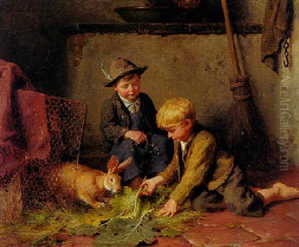 Die Kaninchenfutterung Oil Painting by Felix Schlesinger