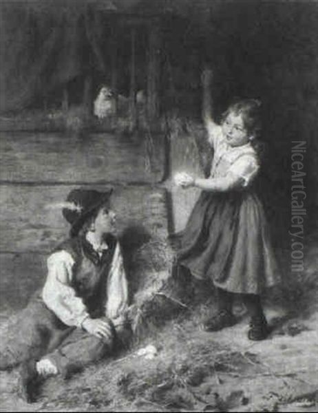 Zwei Kinder Im H_hnerstall Oil Painting by Felix Schlesinger