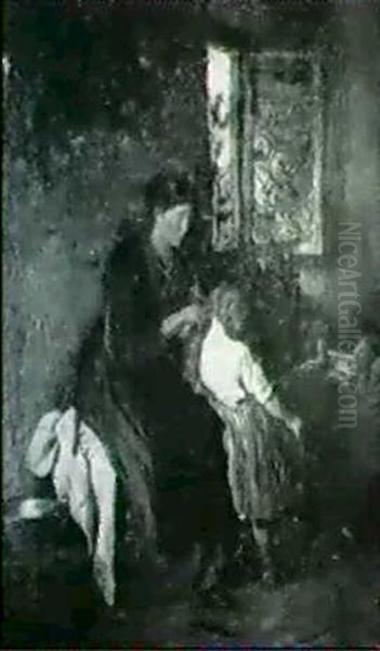 Interior With A Mother And Two Children Oil Painting by Felix Schlesinger