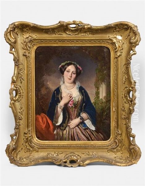 Portrait De Femme A La Robe Rose Et A La Veste Bleue, Madame Helene Mar (?) Oil Painting by Henry Guillaume Schlesinger