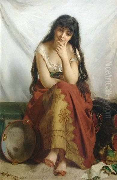 Bildnis Einer Junge Tanzerin Mit Tambourin Wahrend Einer Pause Oil Painting by Henry Guillaume Schlesinger