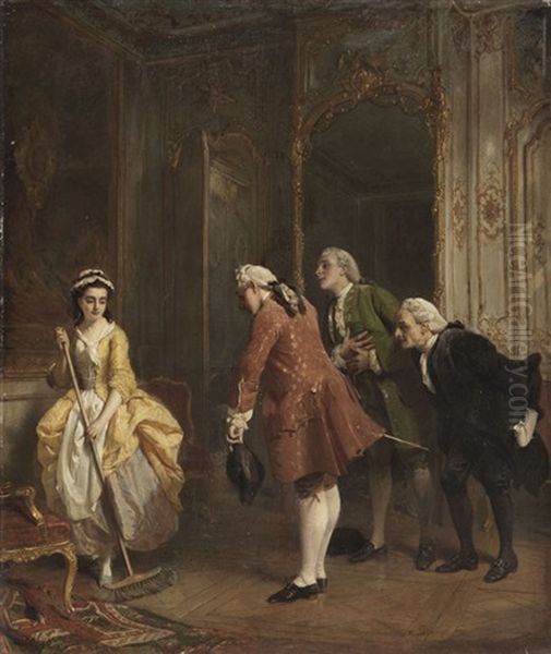 Hofische Szene Mit Scheuer Magd Und Drei Eleganten Herren Oil Painting by Henry Guillaume Schlesinger