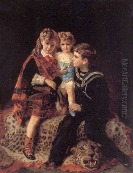 Tre Soskende Pa Et Leopardskind Oil Painting by Henry Guillaume Schlesinger