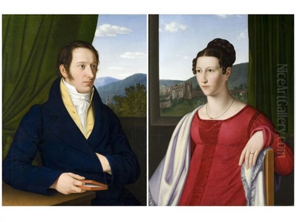 Portraitbildnis Des Heidelberger Mediziners Und Chemikers Prof. Leopold Gmelin (+ Portraitbildnis Des Seiner Gattin Louise; Pair) Oil Painting by Johann Jacob Schlesinger