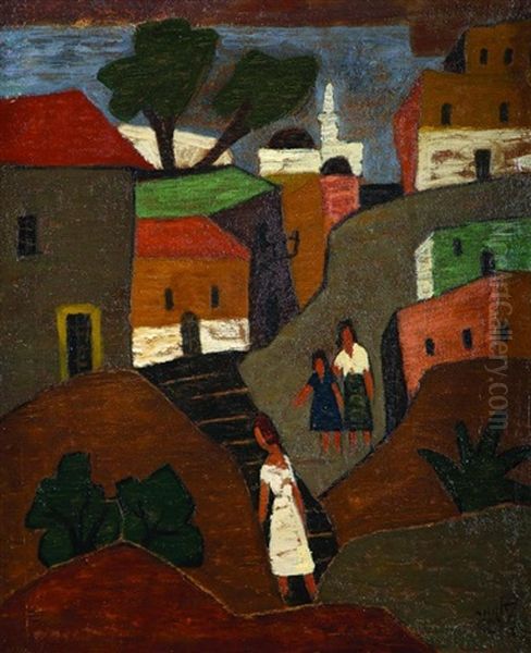 Girls In Safed Oil Painting by Shmuel Schlesinger