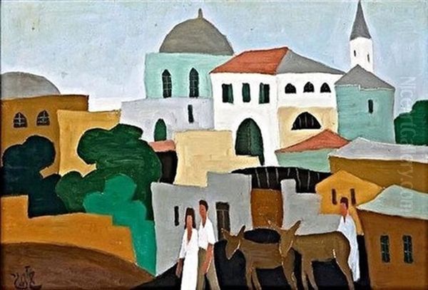 Figures With Donkeys In Jerusalem Oil Painting by Shmuel Schlesinger