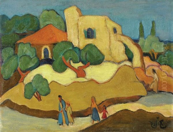 Figures In Ein-hod Oil Painting by Shmuel Schlesinger