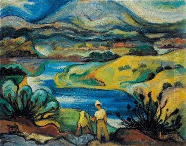 Couple Sitting By Lake Kinereth Oil Painting by Shmuel Schlesinger