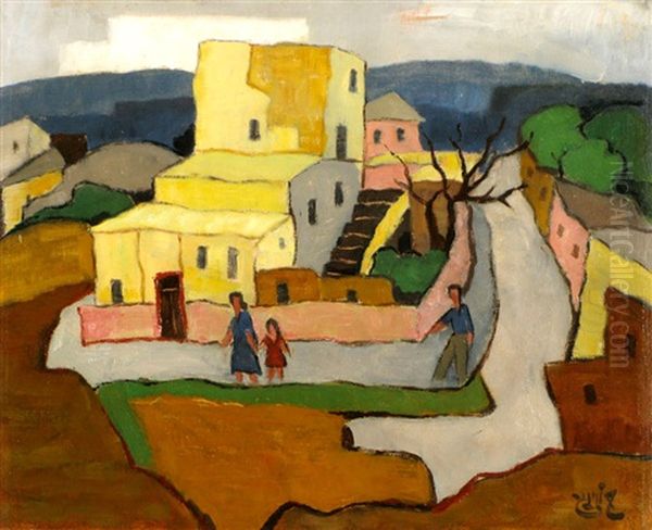 Figures In Jerusalem Oil Painting by Shmuel Schlesinger