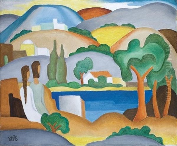 Two Figures Sitting By Lake Kineret Oil Painting by Shmuel Schlesinger