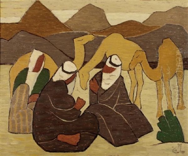 Figures With A Camel Oil Painting by Shmuel Schlesinger