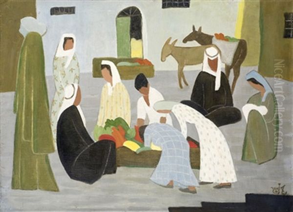 Figures In The Market Oil Painting by Shmuel Schlesinger