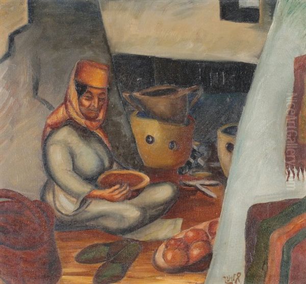 A Woman In The Kitchen Oil Painting by Shmuel Schlesinger