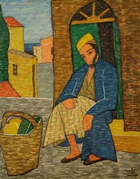 Figure With Basket In Ein-hod Oil Painting by Shmuel Schlesinger